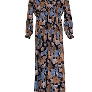 Maelle Women’s Long Sleeve V-Neck Midi Dress Gingko‎ Leaf Pattern Large